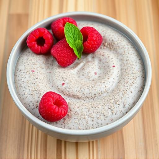 A bowl of chia seed pudding with fresh raspberries