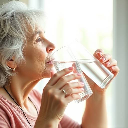 A senior woman drinking a glass of water, emphasizing the importance of hydration.