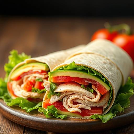 A turkey and avocado wrap with lettuce and tomato