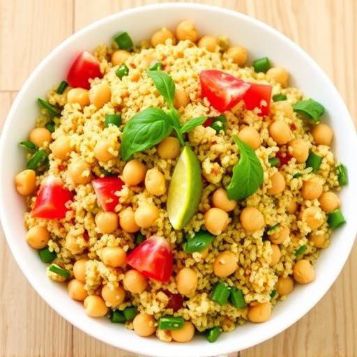 A vibrant quinoa salad with chickpeas, cucumbers, tomatoes, and a lemon vinaigrette