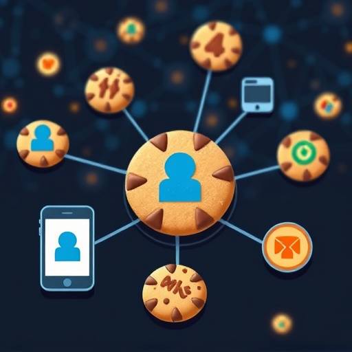 An illustration showing a network of interconnected devices, some with cookie icons, representing the involvement of third parties in data collection.