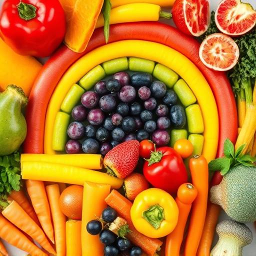 Colorful array of fruits and vegetables arranged in a rainbow pattern, showcasing healthy food choices for kids