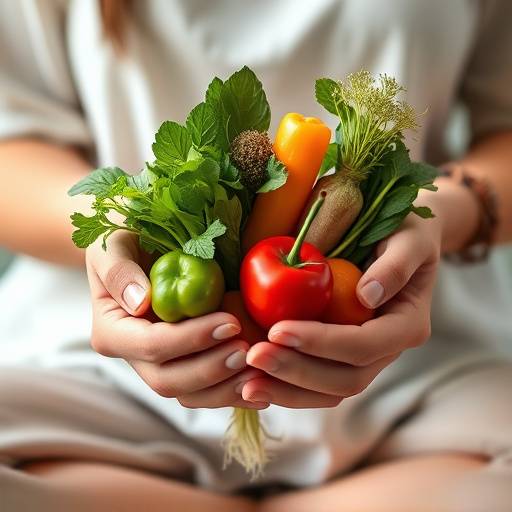 Hands holding a plate with fresh vegetables on a table in a mindful setting