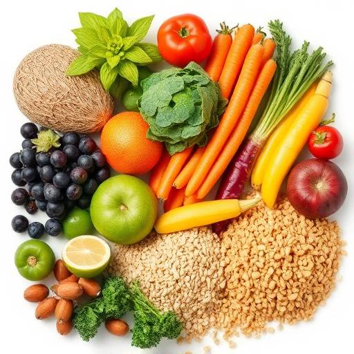Illustration of various carbohydrate sources: fruits, vegetables, and grains