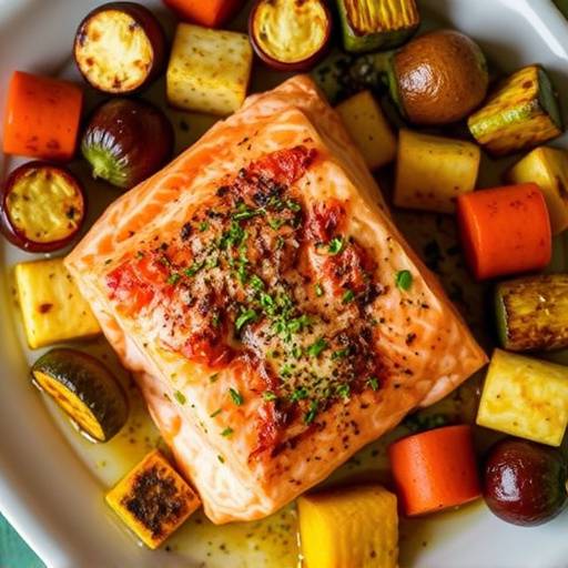 Overhead view of a baked salmon fillet with roasted vegetables, including broccoli and carrots