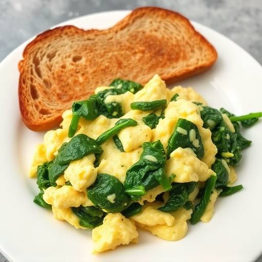 Scrambled eggs with spinach and whole wheat toast on a plate
